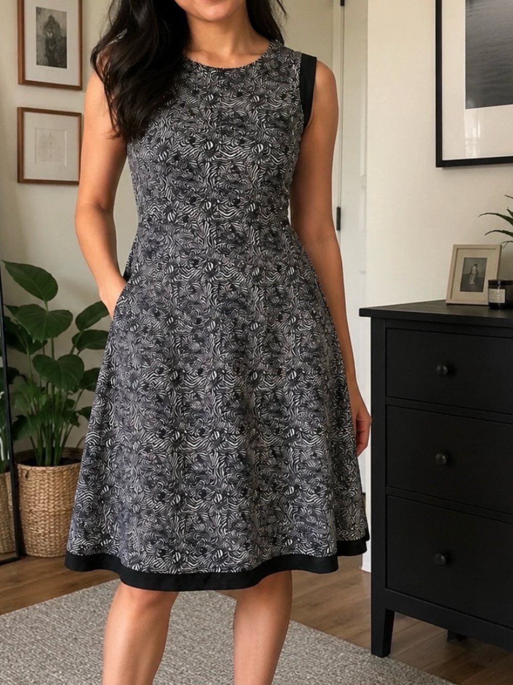 Banana Republic Black & Gray Floral Midi Dress